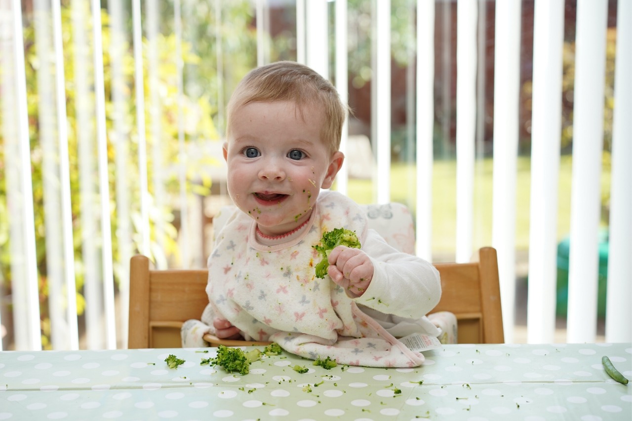 Baby eating broccoli using the baby led weaning method