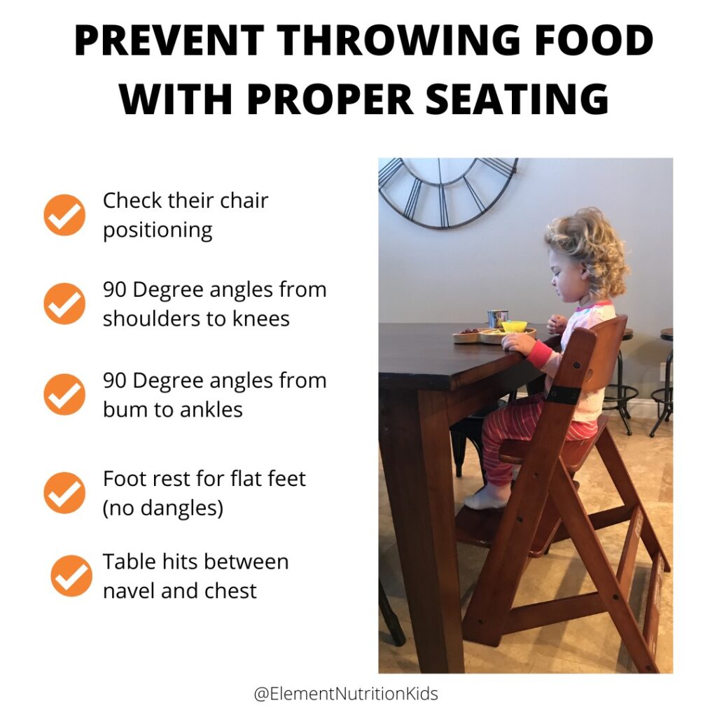 Toddler properly positioned in chair to prevent throwing food
